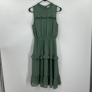 Monteau‎ Los Angeles Sage Green Swiss Dot Ruffle Tiered Midi Dress Womens Size M